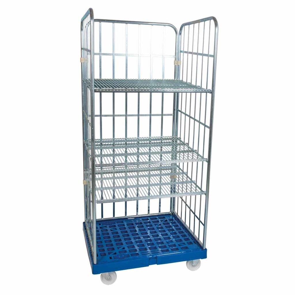 Produktabbildung: Rollregal, 3-seitig, 3 Zwischenböden, Kunststoff-Rollplatte, HxBxT 1.750 x 724 x 815, enzianblau