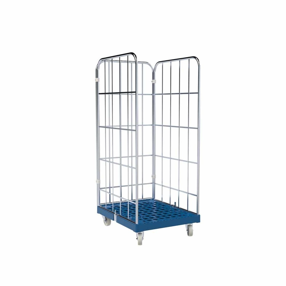 Produktabbildung: rolltainer® 3-seitiger Rollbehälter, Kunststoff-Rollplatte, enzianblau, HxBxT 1.640 x 682 x 835 mm, Gitterwände