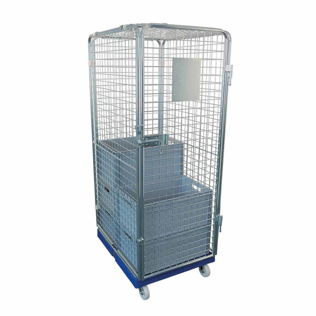 Produktabbildung: rolltainer® Antidiebstahl Rollbehälter, 5-seitig, Kunststoff-Rollplatte, enzianblau, verzinkte Feingitter-Wände, HxBxT 1.800 x 682 x 870 mm