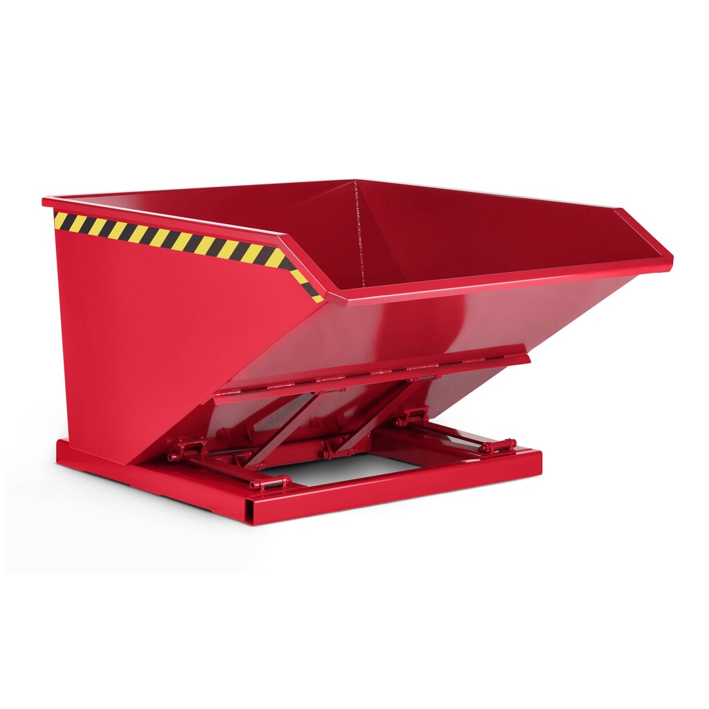 RR-Industrietechnik® Muldenkippbehälter mit staplerschonender Scherenmechanik, Volumen 0,5 m³, TK 1.200 kg, feuerrot Produktabbildung: RR-Industrietechnik® Muldenkippbehälter mit staplerschonender Scherenmechanik, Volumen 0,5 m³, TK 1.200 kg, feuerrot