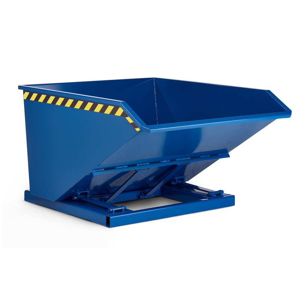 Produktabbildung: RR-Industrietechnik® Muldenkippbehälter mit staplerschonender Scherenmechanik, Volumen 1,5 m³, TK 1.200 kg, enzianblau