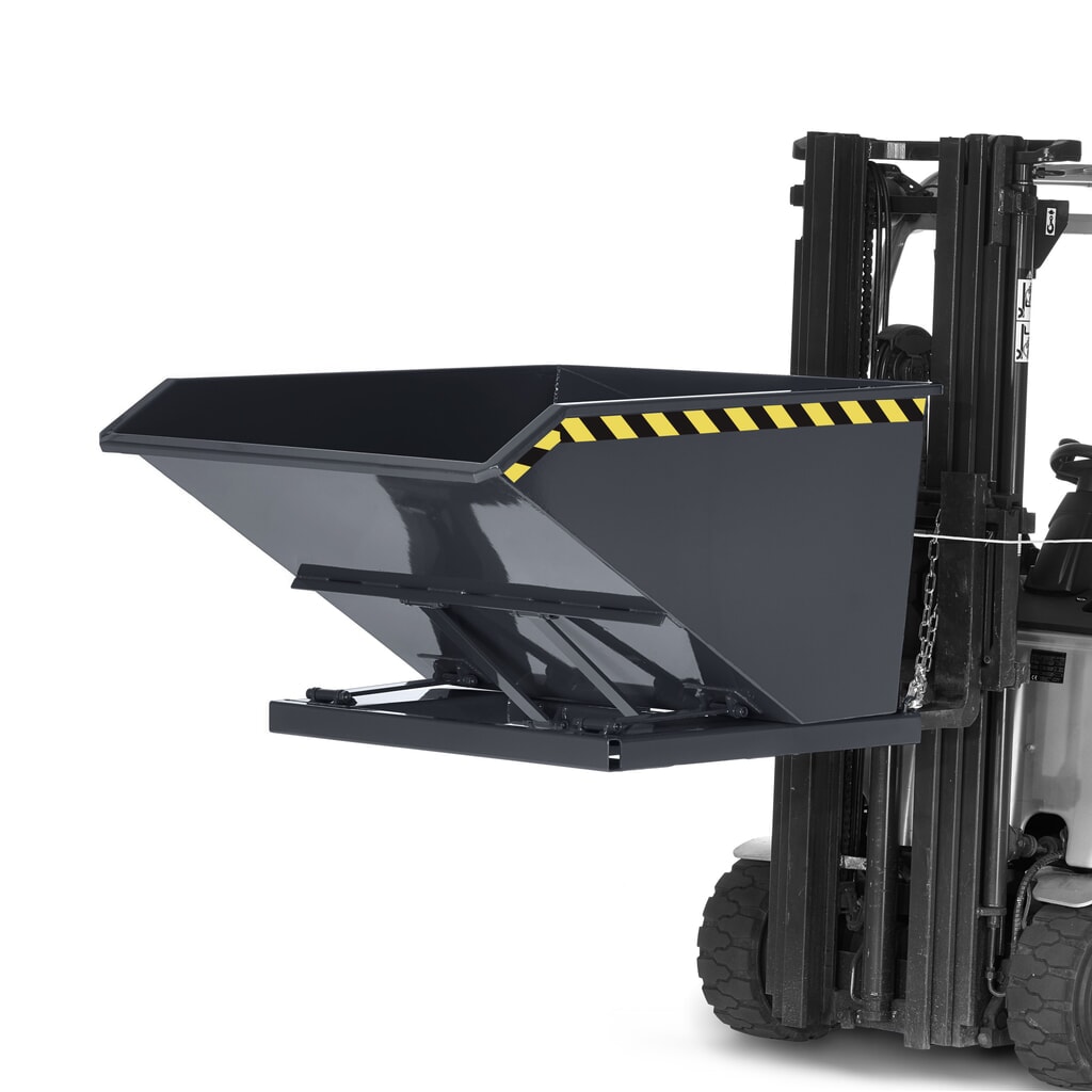RR-Industrietechnik® Muldenkippbehälter mit staplerschonender Scherenmechanik, Volumen 1,5 m³, TK 1.200 kg, anthrazitgrau Produktabbildung Nr. 2: RR-Industrietechnik® Muldenkippbehälter mit staplerschonender Scherenmechanik, Volumen 1,5 m³, TK 1.200 kg, anthrazitgrau
