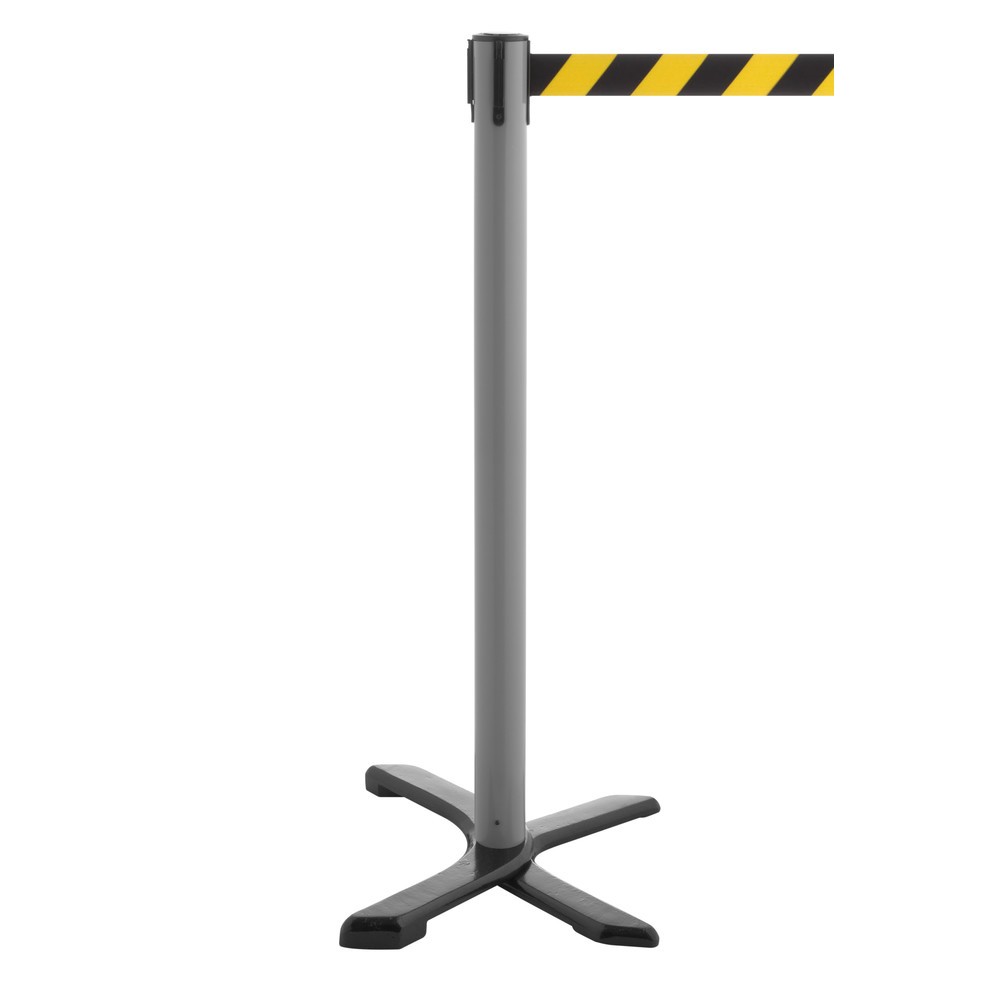 Produktabbildung Nr. 1: RS-GUIDESYSTEMS® Absperrpfosten Kreuzfuß, Gurtlänge 2,3 m, anthrazit, schwarz / gelb diagonal gestreift