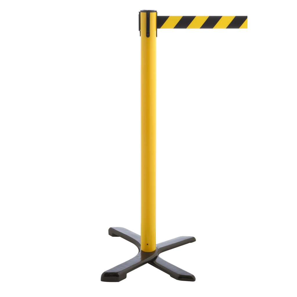 Produktabbildung: RS-GUIDESYSTEMS® Absperrpfosten Kreuzfuß, Gurtlänge 2,3 m, gelb, schwarz / gelb diagonal gestreift