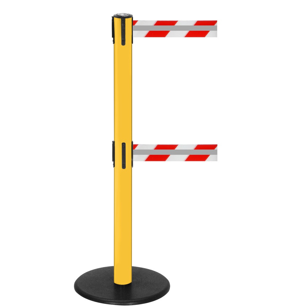 Produktabbildung: RS-GUIDESYSTEMS® Dual-Gurt-Absperrpfosten GLA 95-E REFLECTO, Länge 3,5 m, Breite 50 mm, Pfosten gelb, Gurt rot/weiß