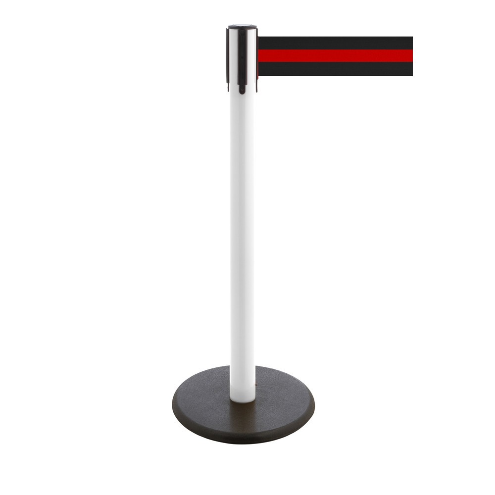 Produktabbildung Nr. 1: RS-GUIDESYSTEMS® Gurt-Absperrpfosten, Bodenteller aus Guss, Gurtbreite 100 mm, weiß, schwarz / rot horizontal gestreift, 2,3 m