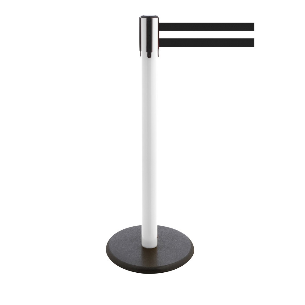 Produktabbildung Nr. 1: RS-GUIDESYSTEMS® Gurt-Absperrpfosten, Bodenteller aus Guss, Gurtbreite 100 mm, weiß, schwarz / weiß horizontal gestreift, 3,8 m