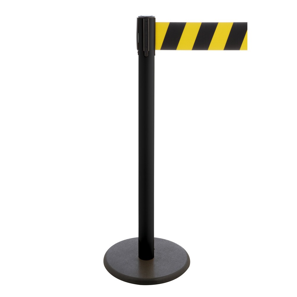 Produktabbildung Nr. 1: RS-GUIDESYSTEMS® Gurt-Absperrpfosten, Bodenteller aus Guss, Gurtbreite 100 mm, schwarz, schwarz / gelb diagonal gestreift, 3,8 m