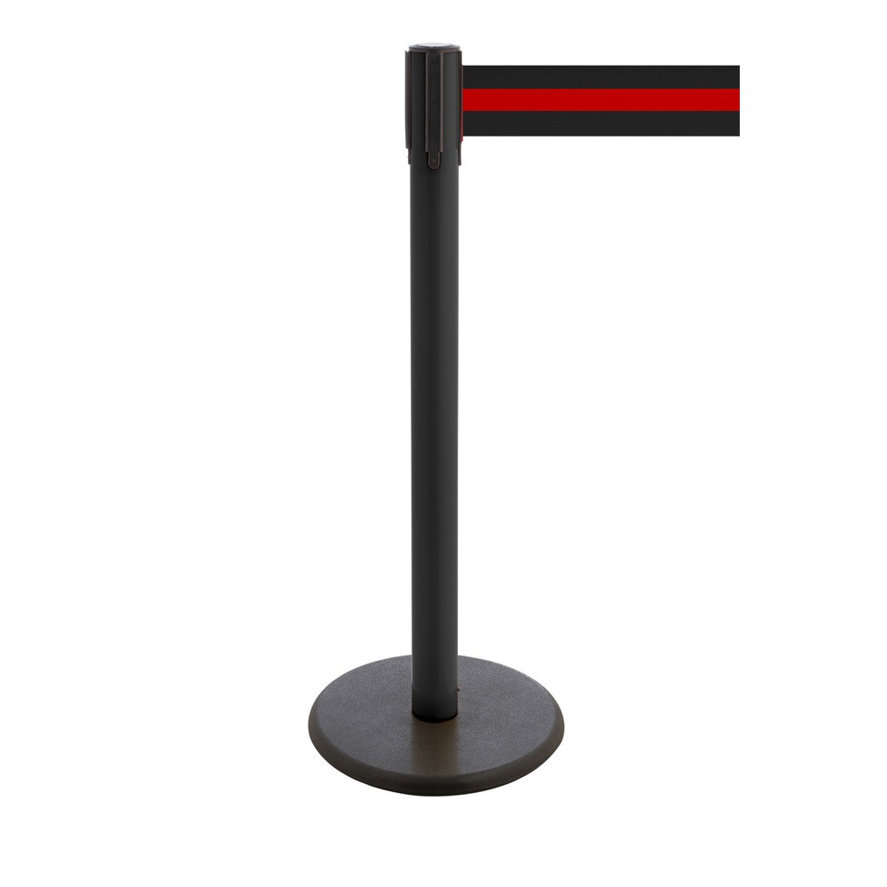 Produktabbildung Nr. 1: RS-GUIDESYSTEMS® Gurt-Absperrpfosten, Bodenteller aus Guss, Gurtbreite 100 mm, schwarz, schwarz / rot horizontal gestreift, 2,3 m