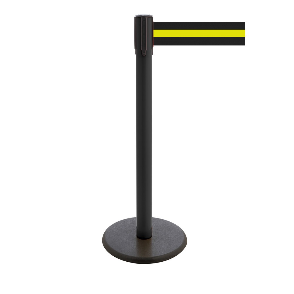 Produktabbildung Nr. 1: RS-GUIDESYSTEMS® Gurt-Absperrpfosten, Bodenteller aus Guss, Gurtbreite 100 mm, schwarz, schwarz / gelb horizontal gestreift, 3,8 m