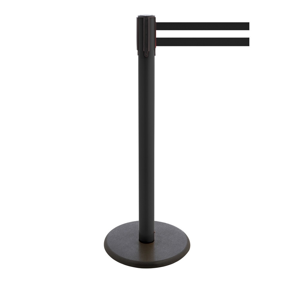 Produktabbildung Nr. 1: RS-GUIDESYSTEMS® Gurt-Absperrpfosten, Bodenteller aus Guss, Gurtbreite 100 mm, schwarz, schwarz / weiß horizontal gestreift, 3,8 m