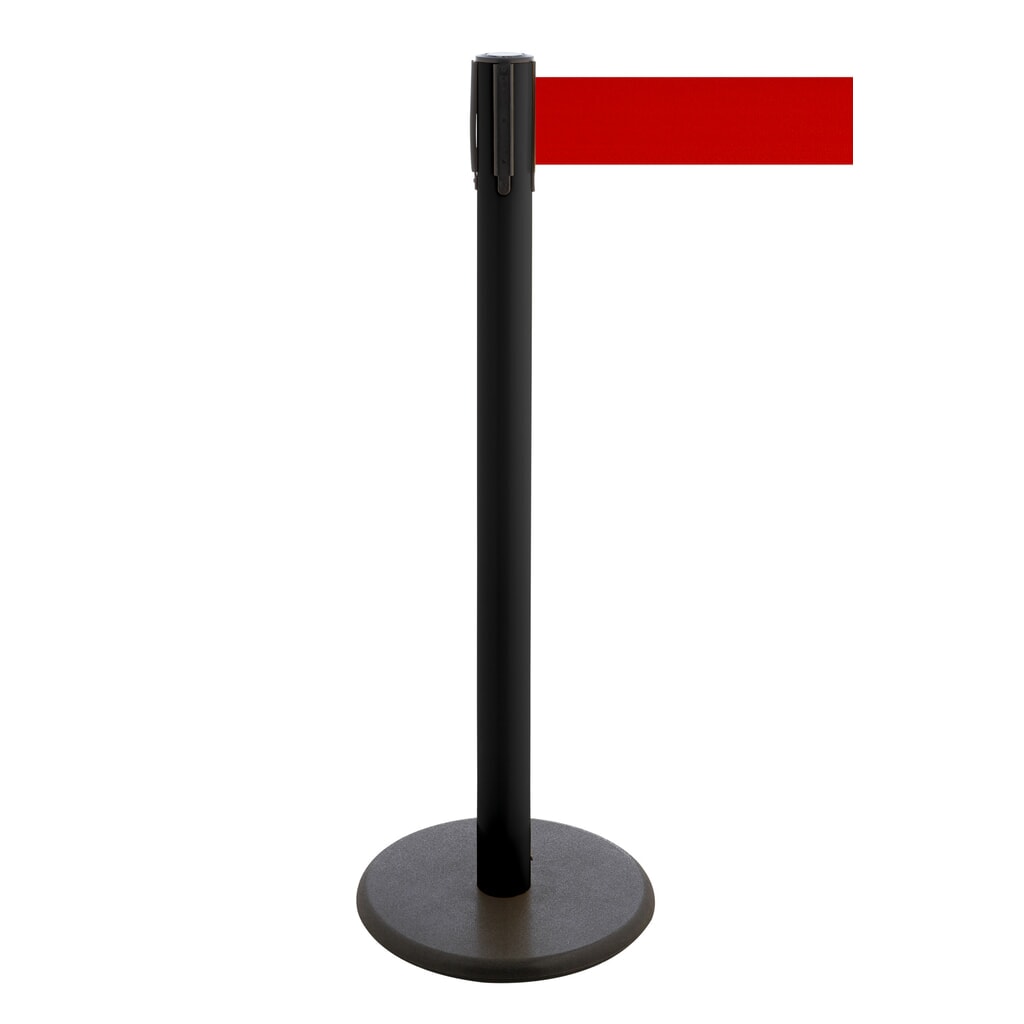 Produktabbildung: RS-GUIDESYSTEMS® Gurt-Absperrpfosten, Bodenteller aus Guss, Gurtbreite 100 mm, schwarz, rot, 3,8 m
