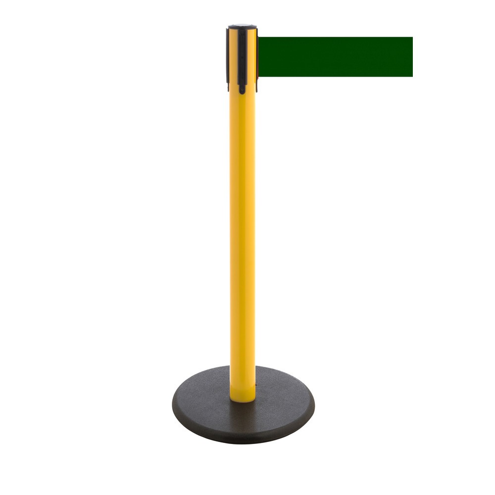 Produktabbildung Nr. 1: RS-GUIDESYSTEMS® Gurt-Absperrpfosten, Bodenteller aus Guss, Gurtbreite 100 mm, gelb, dunkelgrün, 2,3 m