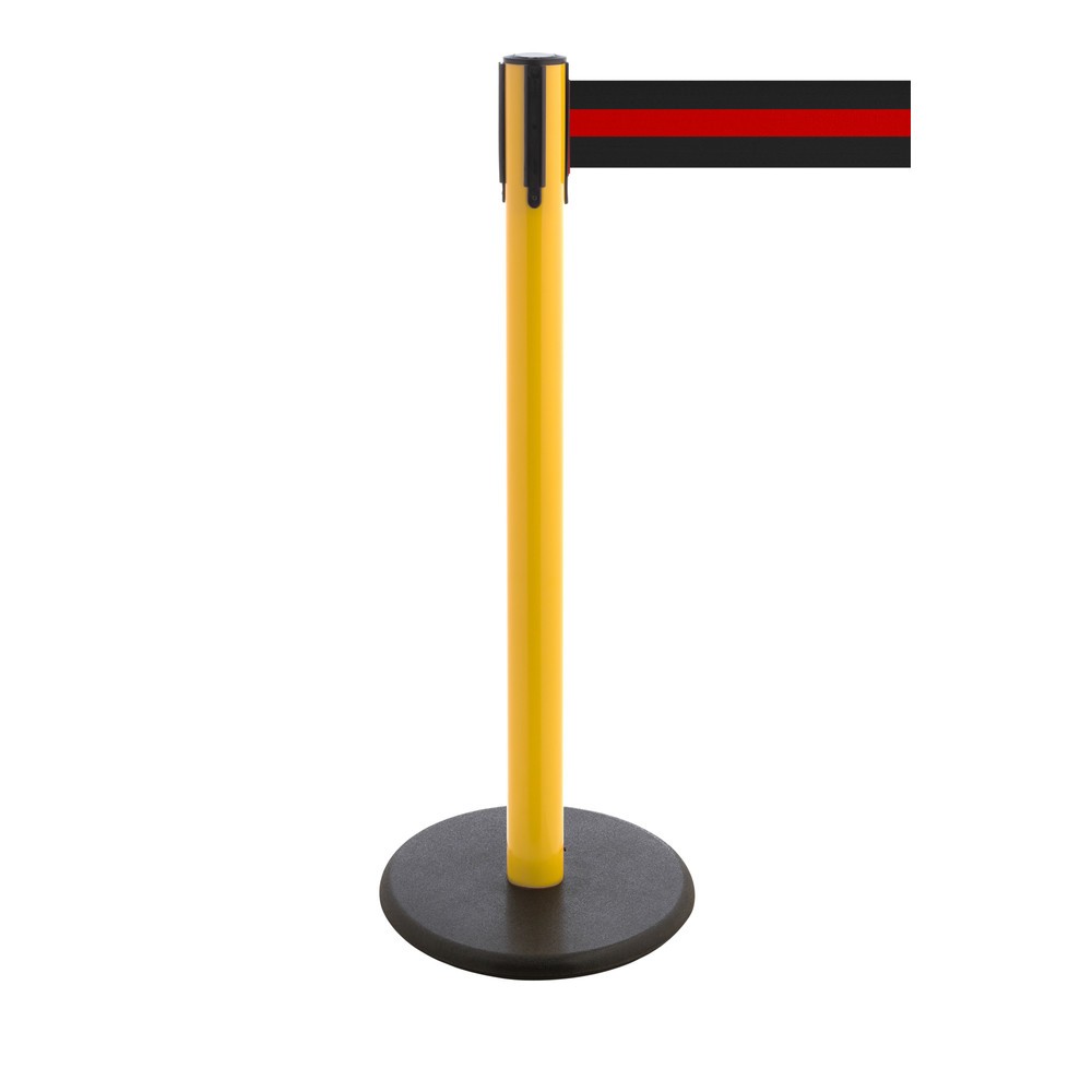 Produktabbildung Nr. 1: RS-GUIDESYSTEMS® Gurt-Absperrpfosten, Bodenteller aus Guss, Gurtbreite 100 mm, gelb, schwarz / rot horizontal gestreift, 2,3 m