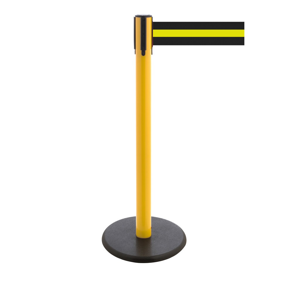 Produktabbildung Nr. 1: RS-GUIDESYSTEMS® Gurt-Absperrpfosten, Bodenteller aus Guss, Gurtbreite 100 mm, gelb, schwarz / gelb horizontal gestreift, 3,8 m
