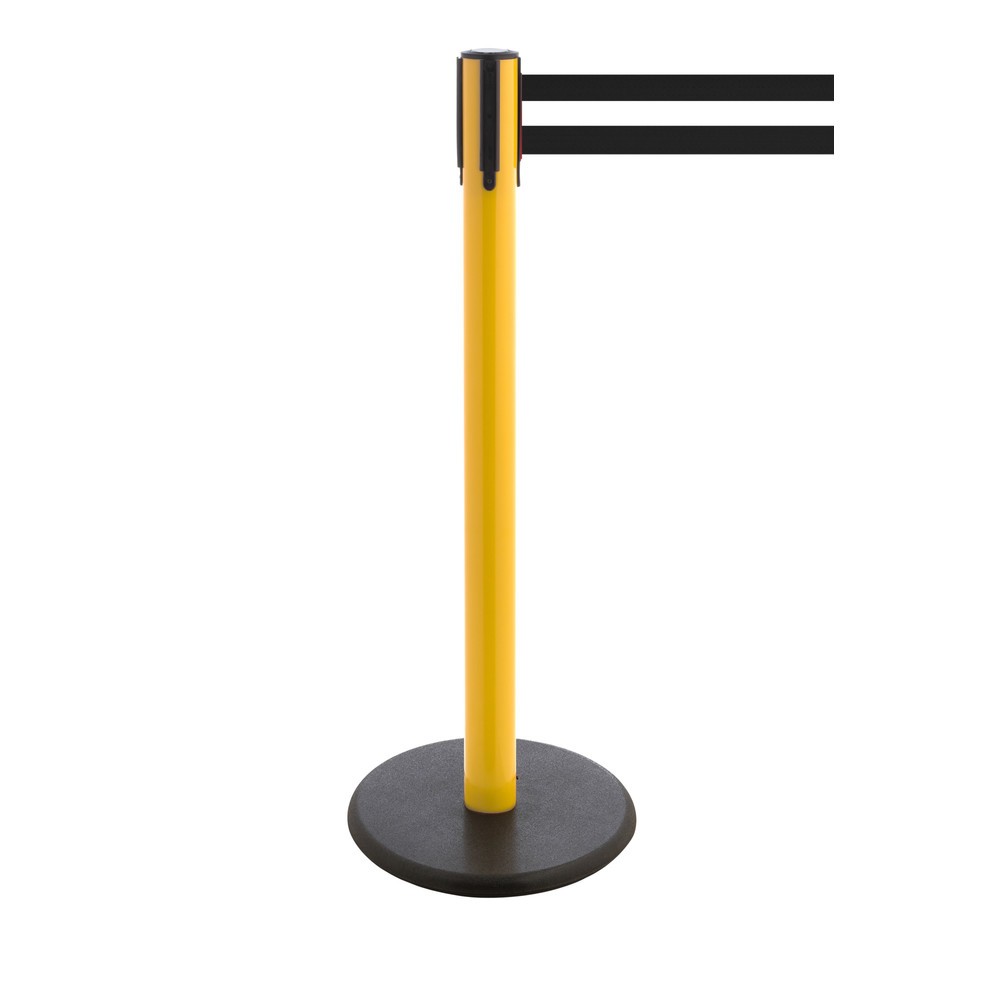 Produktabbildung Nr. 1: RS-GUIDESYSTEMS® Gurt-Absperrpfosten, Bodenteller aus Guss, Gurtbreite 100 mm, gelb, schwarz / weiß horizontal gestreift, 2,3 m