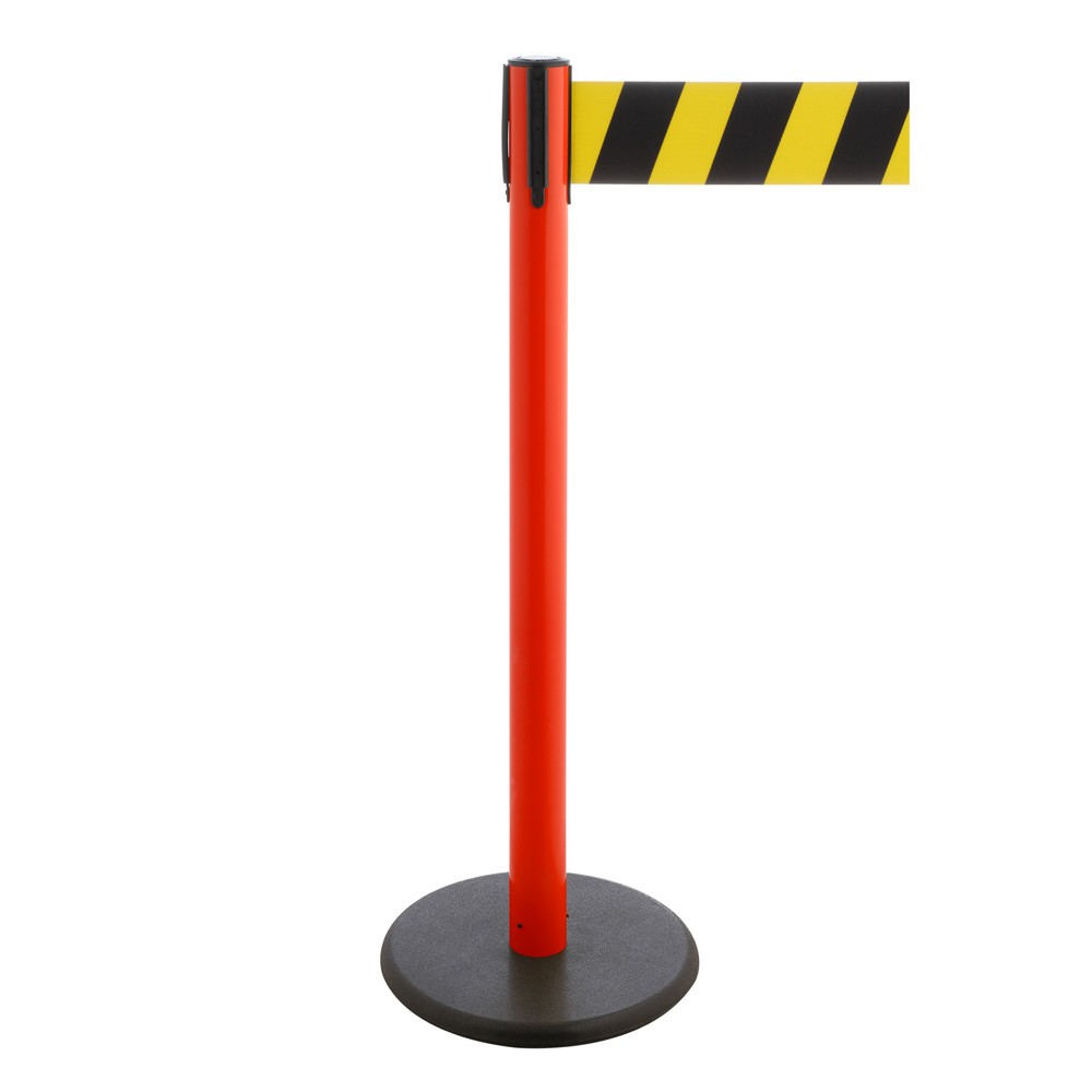 Produktabbildung Nr. 1: RS-GUIDESYSTEMS® Gurt-Absperrpfosten, Bodenteller aus Guss, Gurtbreite 100 mm, rot, schwarz / gelb diagonal gestreift, 2,3 m