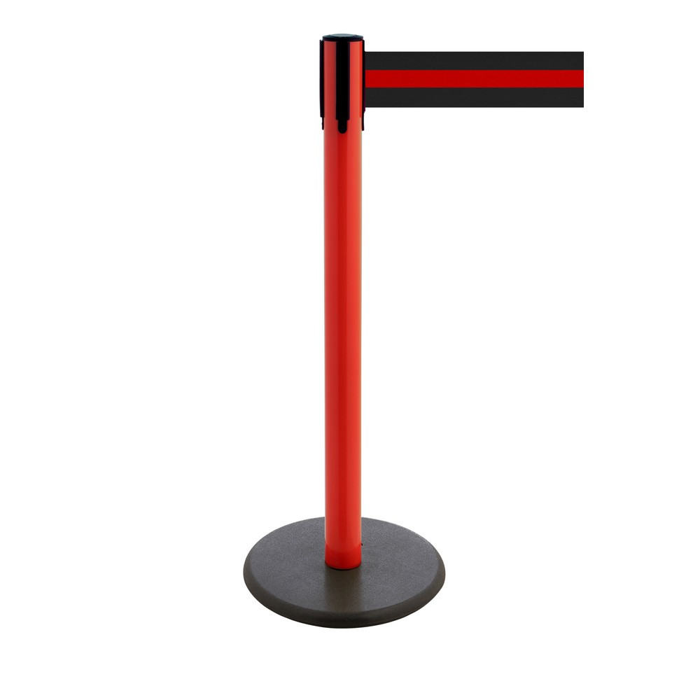 Produktabbildung Nr. 1: RS-GUIDESYSTEMS® Gurt-Absperrpfosten, Bodenteller aus Guss, Gurtbreite 100 mm, rot, schwarz / rot horizontal gestreift, 3,8 m
