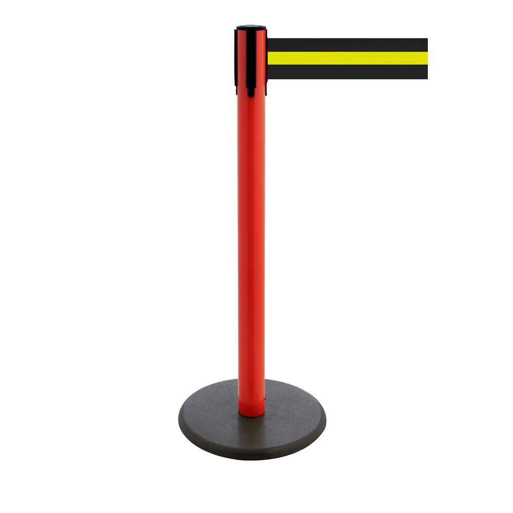 Produktabbildung Nr. 1: RS-GUIDESYSTEMS® Gurt-Absperrpfosten, Bodenteller aus Guss, Gurtbreite 100 mm, rot, schwarz / gelb horizontal gestreift, 3,8 m