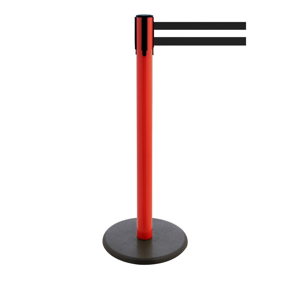 Produktabbildung Nr. 1: RS-GUIDESYSTEMS® Gurt-Absperrpfosten, Bodenteller aus Guss, Gurtbreite 100 mm, rot, schwarz / weiß horizontal gestreift, 2,3 m