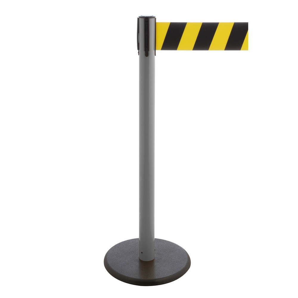 Produktabbildung Nr. 1: RS-GUIDESYSTEMS® Gurt-Absperrpfosten, Bodenteller aus Guss, Gurtbreite 100 mm, anthrazit, schwarz / gelb diagonal gestreift, 3,8 m