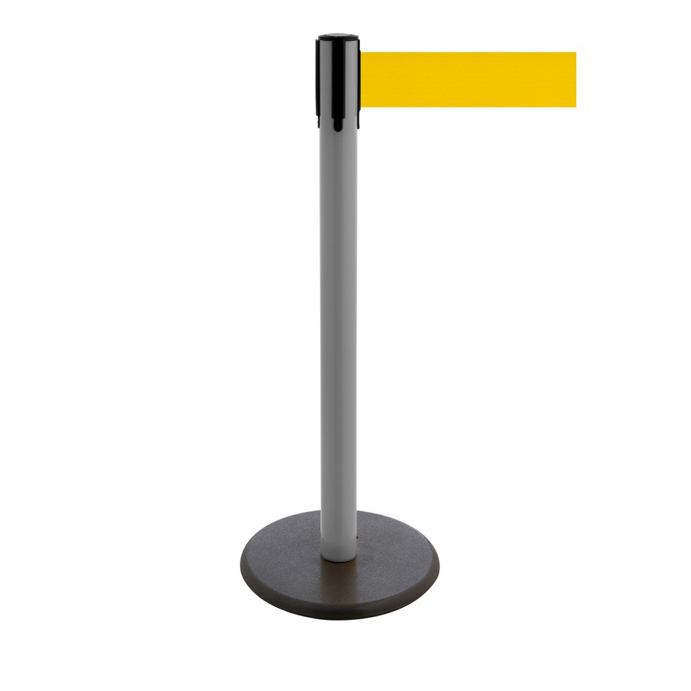 Produktabbildung Nr. 1: RS-GUIDESYSTEMS® Gurt-Absperrpfosten, Bodenteller aus Guss, Gurtbreite 100 mm, anthrazit, gelb, 2,3 m