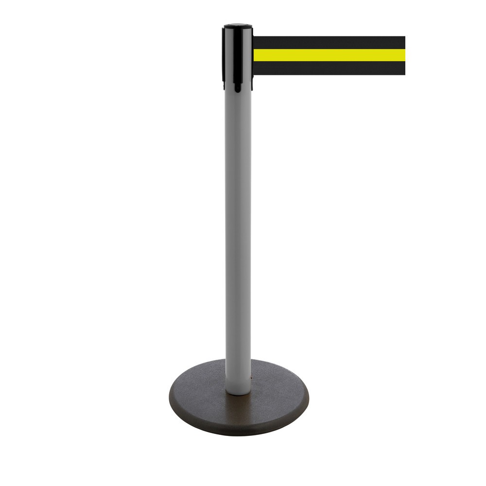 Produktabbildung Nr. 1: RS-GUIDESYSTEMS® Gurt-Absperrpfosten, Bodenteller aus Guss, Gurtbreite 100 mm, anthrazit, schwarz / gelb horizontal gestreift, 3,8 m