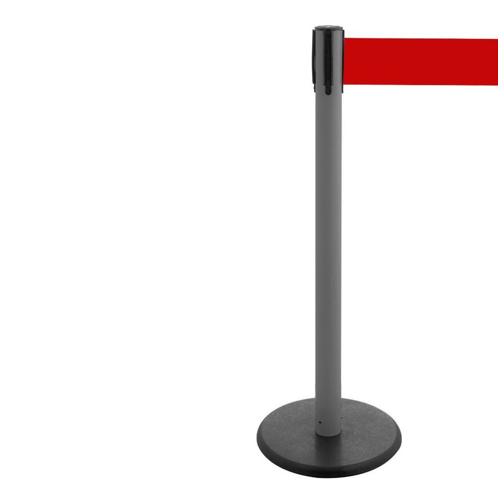 Produktabbildung Nr. 1: RS-GUIDESYSTEMS® Gurt-Absperrpfosten, Bodenteller aus Guss, Gurtbreite 100 mm, anthrazit, rot / weiß diagonal gestreift, 3,8 m