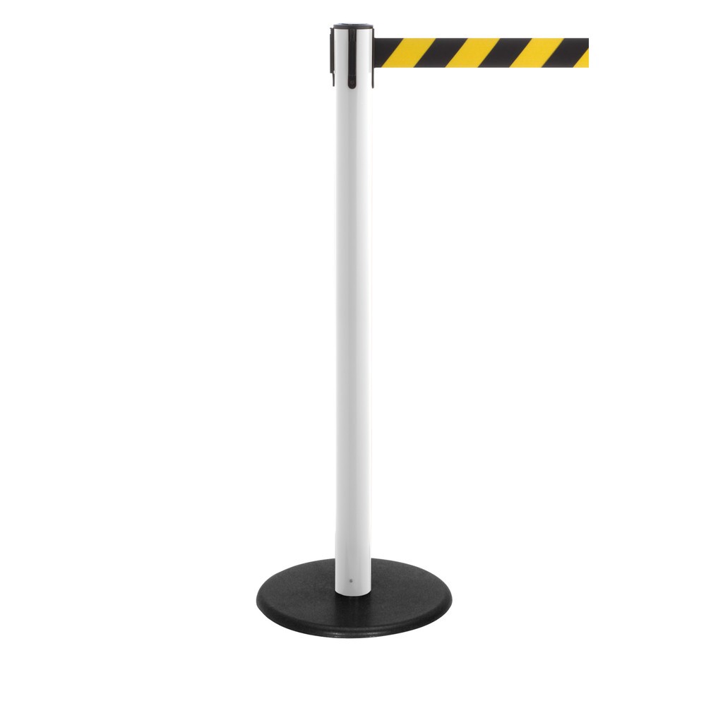 Produktabbildung Nr. 1: RS-GUIDESYSTEMS® Gurt-Absperrpfosten, Bodenteller aus Guss, Gurtbreite 50 mm, weiß, schwarz / gelb diagonal gestreift, 2,3 m