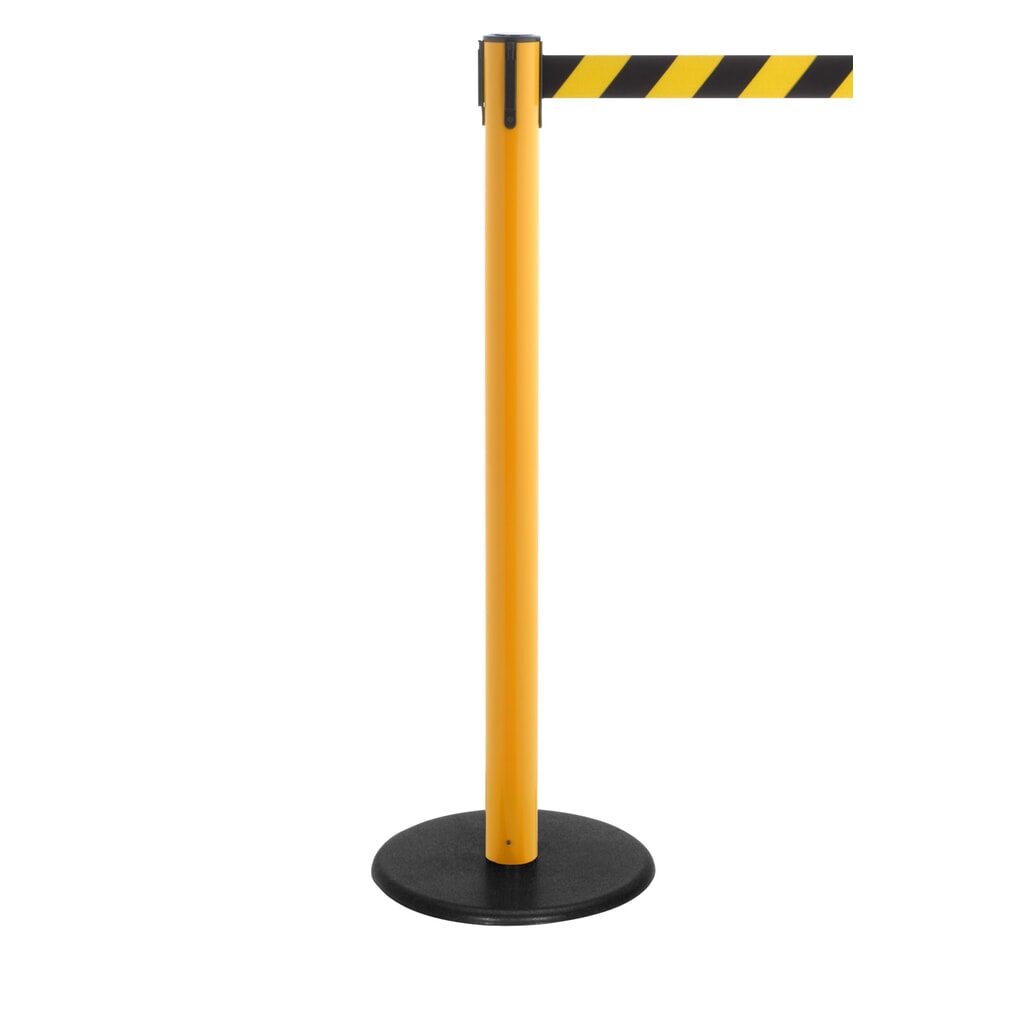 Produktabbildung: RS-GUIDESYSTEMS® Gurt-Absperrpfosten, Bodenteller aus Guss, Gurtbreite 50 mm, gelb, schwarz / gelb diagonal gestreift, 4,0 m