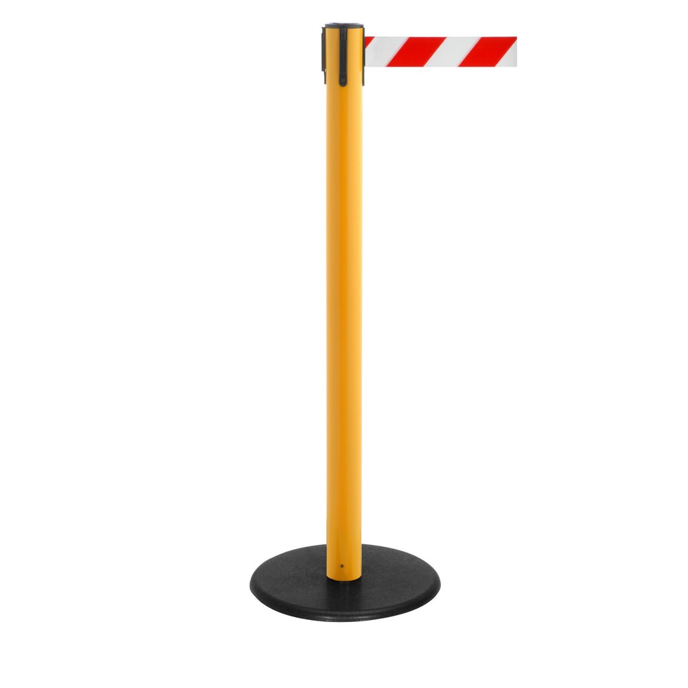 Produktabbildung Nr. 1: RS-GUIDESYSTEMS® Gurt-Absperrpfosten, Bodenteller aus Guss, Gurtbreite 50 mm, gelb, rot / weiß diagonal gestreift, 4,0 m