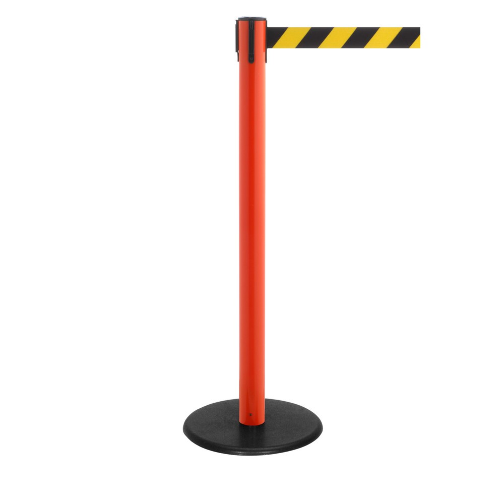 Produktabbildung Nr. 1: RS-GUIDESYSTEMS® Gurt-Absperrpfosten, Bodenteller aus Guss, Gurtbreite 50 mm, rot, schwarz / gelb diagonal gestreift, 4,0 m