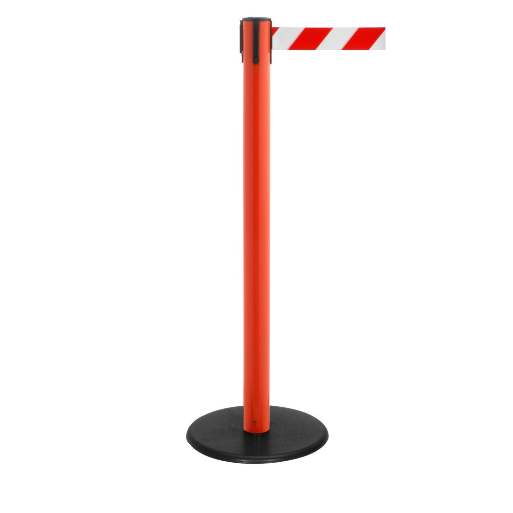 Produktabbildung Nr. 1: RS-GUIDESYSTEMS® Gurt-Absperrpfosten, Bodenteller aus Guss, Gurtbreite 50 mm, rot, rot / weiß diagonal gestreift, 4,0 m