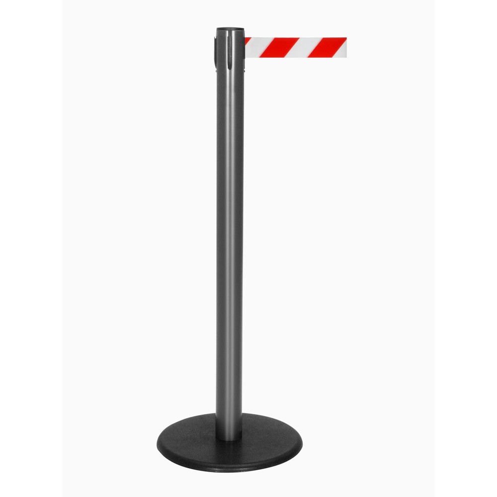 Produktabbildung Nr. 1: RS-GUIDESYSTEMS® Gurt-Absperrpfosten, Bodenteller aus Guss, Gurtbreite 50 mm, anthrazit, rot / weiß diagonal gestreift, 4,0 m