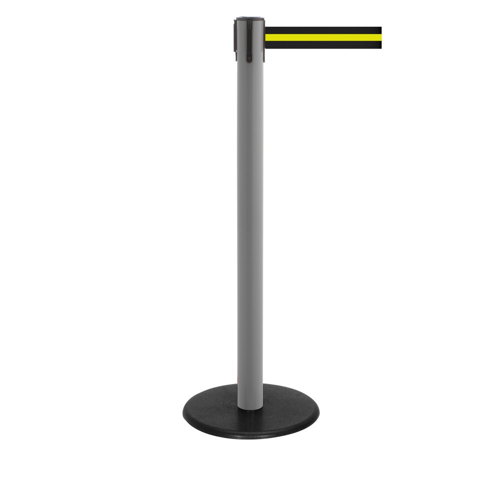 Produktabbildung Nr. 1: RS-GUIDESYSTEMS® Gurt-Absperrpfosten, Bodenteller aus Guss, Gurtbreite 50 mm, anthrazit, schwarz / gelb horizontal gestreift, 4,0 m