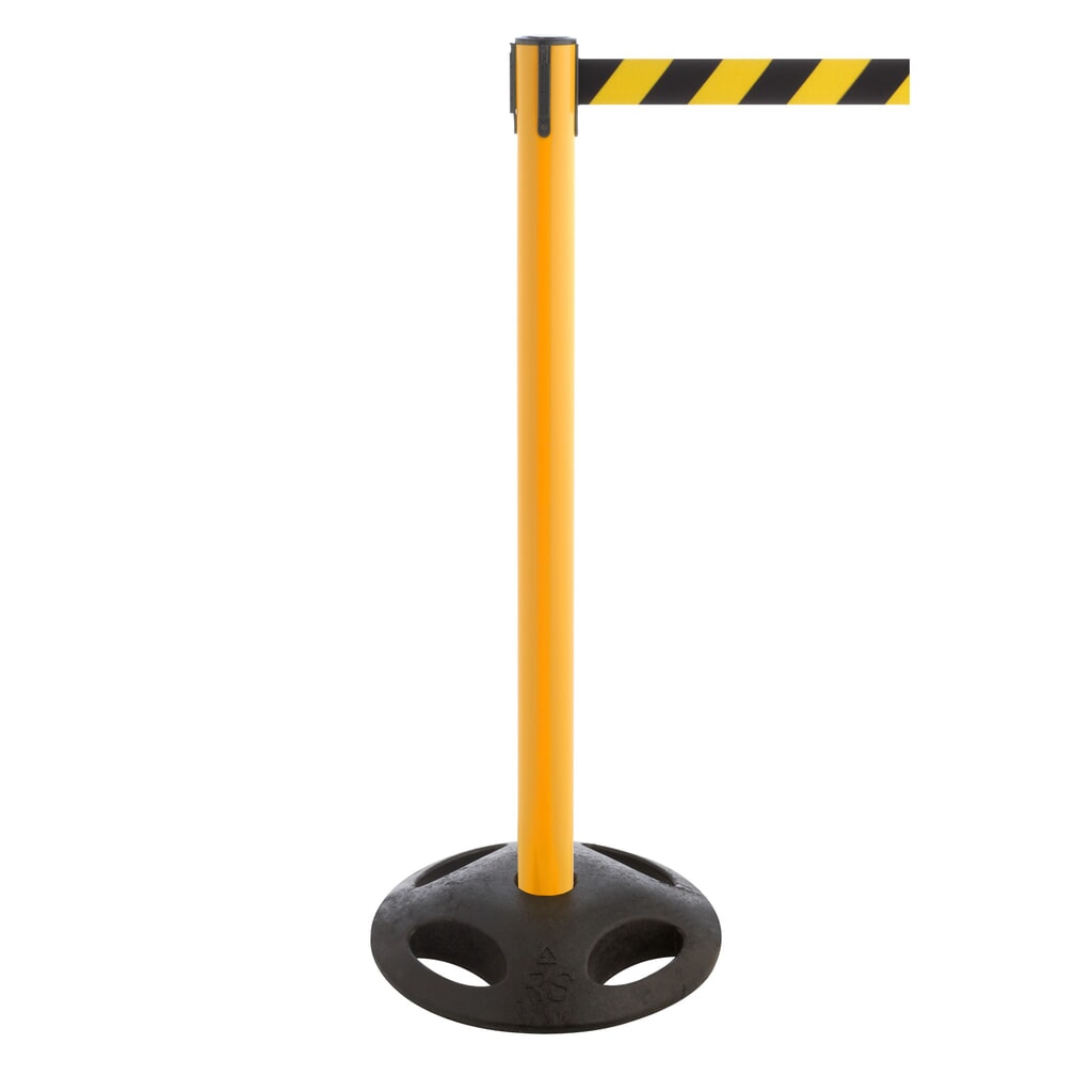 RS-GUIDESYSTEMS® Gurt-Absperrpfosten, Bodenteller aus Verbundwerkstoff, Gurtbreite 100 mm, gelb, schwarz / gelb diagonal gestreift Produktabbildung Nr. 1: RS-GUIDESYSTEMS® Gurt-Absperrpfosten, Bodenteller aus Verbundwerkstoff, Gurtbreite 100 mm, gelb, schwarz / gelb diagonal gestreift
