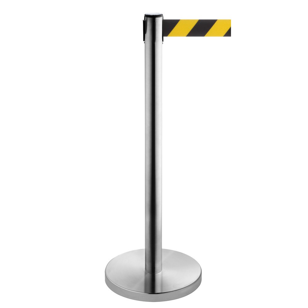 Produktabbildung Nr. 1: RS-GUIDESYSTEMS® Gurt-Absperrpfosten, Edelstahl, Gurtbreite 50 mm, schwarz / gelb diagonal gestreift, 4,0 m