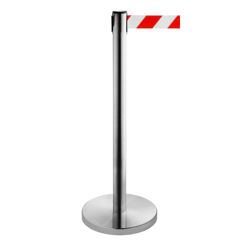 Produktabbildung Nr. 1: RS-GUIDESYSTEMS® Gurt-Absperrpfosten, Edelstahl, Gurtbreite 50 mm, rot / weiß diagonal gestreift, 2,3 m
