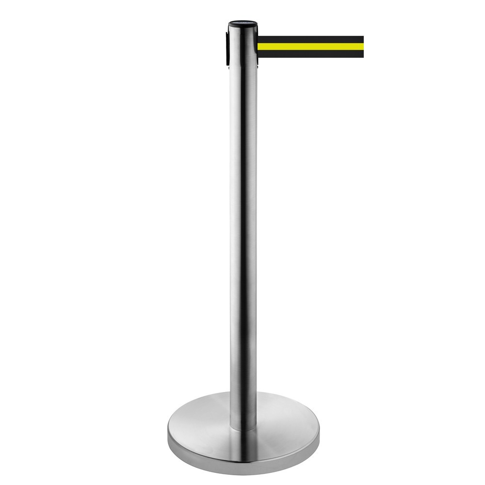Produktabbildung Nr. 1: RS-GUIDESYSTEMS® Gurt-Absperrpfosten, Edelstahl, Gurtbreite 50 mm, schwarz / gelb horizontal gestreift, 2,3 m
