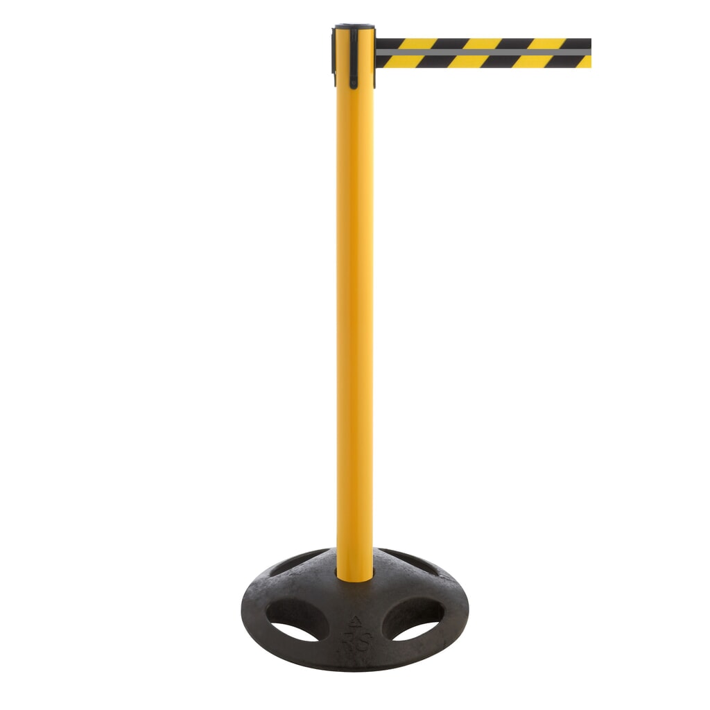 Produktabbildung: RS-GUIDESYSTEMS® Gurt-Absperrpfosten GLA 25-E REFLECTO, Länge 3,5 m, Breite 50 mm, Pfosten gelb, Gurt schwarz/gelb