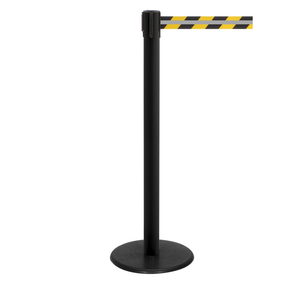 Produktabbildung: RS-GUIDESYSTEMS® Gurt-Absperrpfosten GLA 28-J REFLECTO, Länge 2,3 m, Breite 50 mm, Pfosten schwarz, Gurt schwarz/gelb