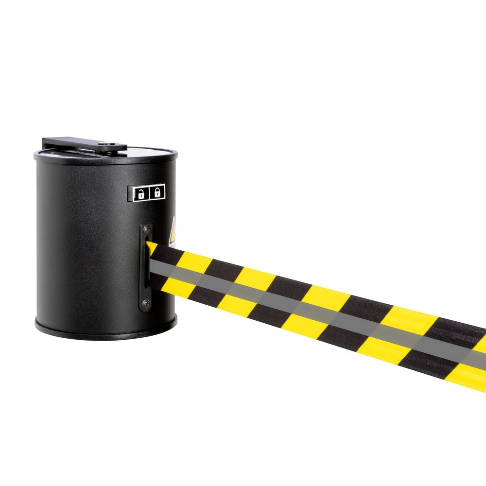 Produktabbildung: RS-GUIDESYSTEMS® Gurtkassette GLW 1800 REFLECTO, Wandmontage, Länge 18 m, Breite 50 mm, Gehäuse schwarz, Gurt schwarz/gelb