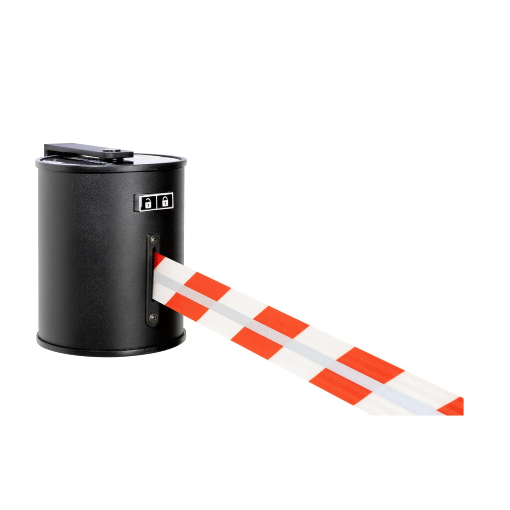 RS-GUIDESYSTEMS® Gurtkassette GLW 1800 REFLECTO, Wandmontage, Länge 18 m, Breite 50 mm, Gehäuse schwarz, Gurt rot/weiß Produktabbildung: RS-GUIDESYSTEMS® Gurtkassette GLW 1800 REFLECTO, Wandmontage, Länge 18 m, Breite 50 mm, Gehäuse schwarz, Gurt rot/weiß