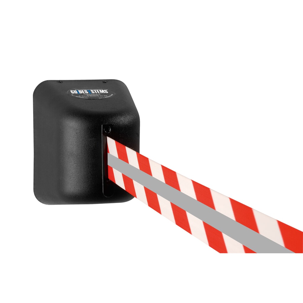 RS-GUIDESYSTEMS® Gurtkassette GLW 425 REFLECTO, Wandmontage, Länge 5 m, Breite 50 mm, Gehäuse schwarz, Gurt rot/weiß Produktabbildung: RS-GUIDESYSTEMS® Gurtkassette GLW 425 REFLECTO, Wandmontage, Länge 5 m, Breite 50 mm, Gehäuse schwarz, Gurt rot/weiß