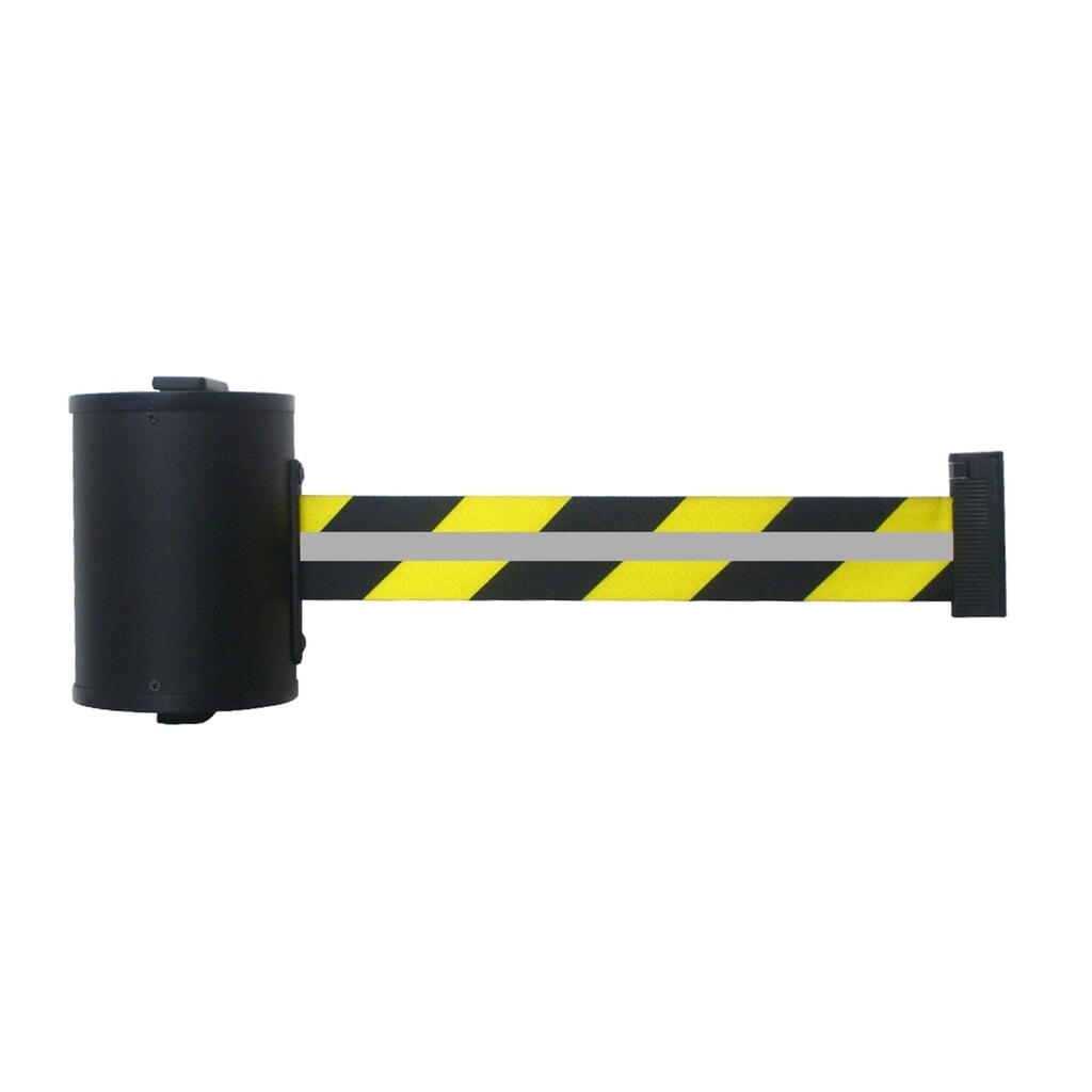 RS-GUIDESYSTEMS® Gurtkassette GLW 700 REFLECTO, Wandmontage, Länge 7 m, Breite 50 mm, Gehäuse schwarz, Gurt schwarz/gelb Produktabbildung: RS-GUIDESYSTEMS® Gurtkassette GLW 700 REFLECTO, Wandmontage, Länge 7 m, Breite 50 mm, Gehäuse schwarz, Gurt schwarz/gelb