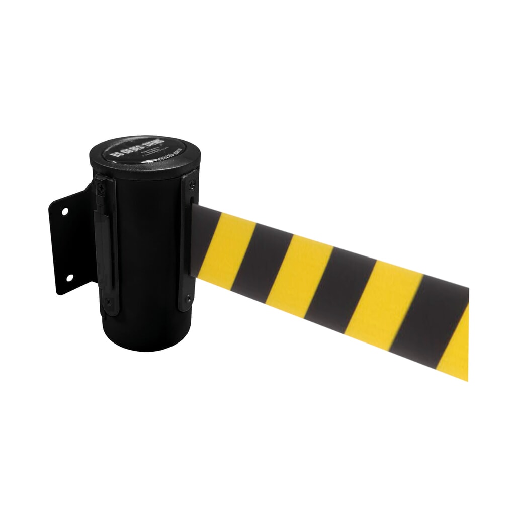 RS-GUIDESYSTEMS® Wandgurt-Kassette aus Metall, pulverbeschichtet, Auszugslänge 2,3 m, schwarz, schwarz / gelb diagonal gestreift Produktabbildung: RS-GUIDESYSTEMS® Wandgurt-Kassette aus Metall, pulverbeschichtet, Auszugslänge 2,3 m, schwarz, schwarz / gelb diagonal gestreift
