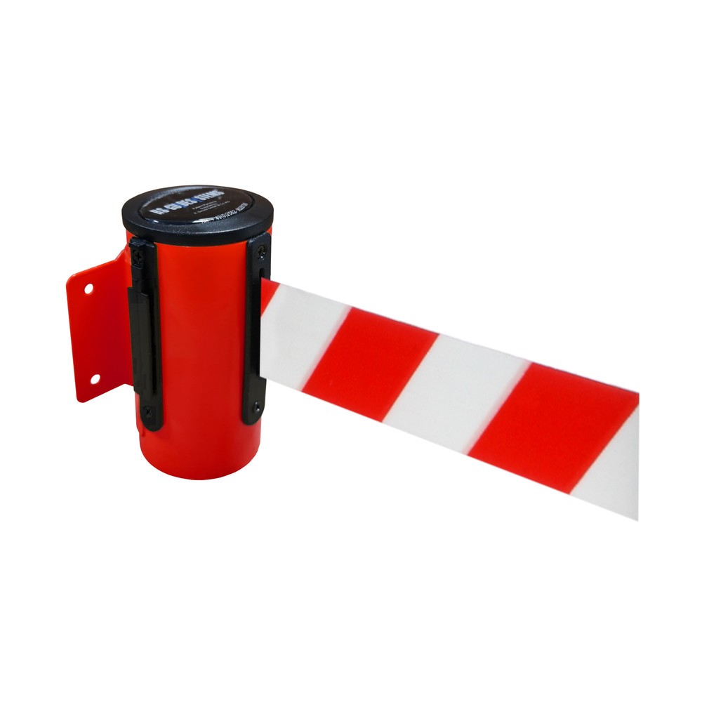 Produktabbildung: RS-GUIDESYSTEMS® Wandgurt-Kassette aus Metall, pulverbeschichtet, Auszugslänge 2,3 m, rot, rot / weiß diagonal gestreift