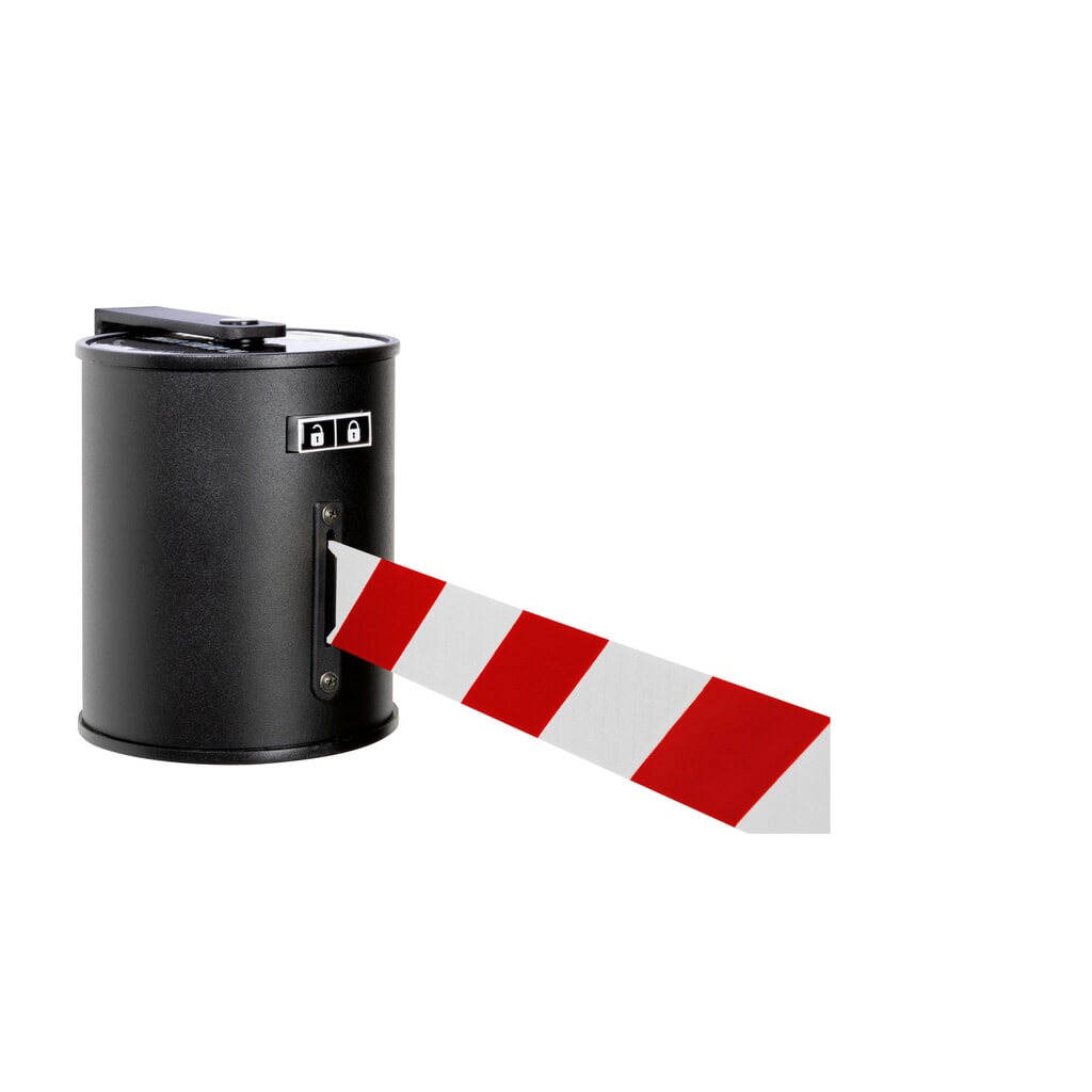 Produktabbildung: RS-GUIDESYSTEMS® Wandgurt mit Metallgehäuse, Auszugslänge 20 m, rot / weiß diagonal gestreift
