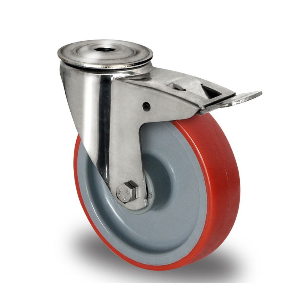 Rückenlochlenkrolle mit Totalfeststeller ø 80 mm Serie N2U6 Rollenlager Edelstahl Produktabbildung: Rückenlochlenkrolle mit Totalfeststeller ø 80 mm Serie N2U6 Rollenlager Edelstahl