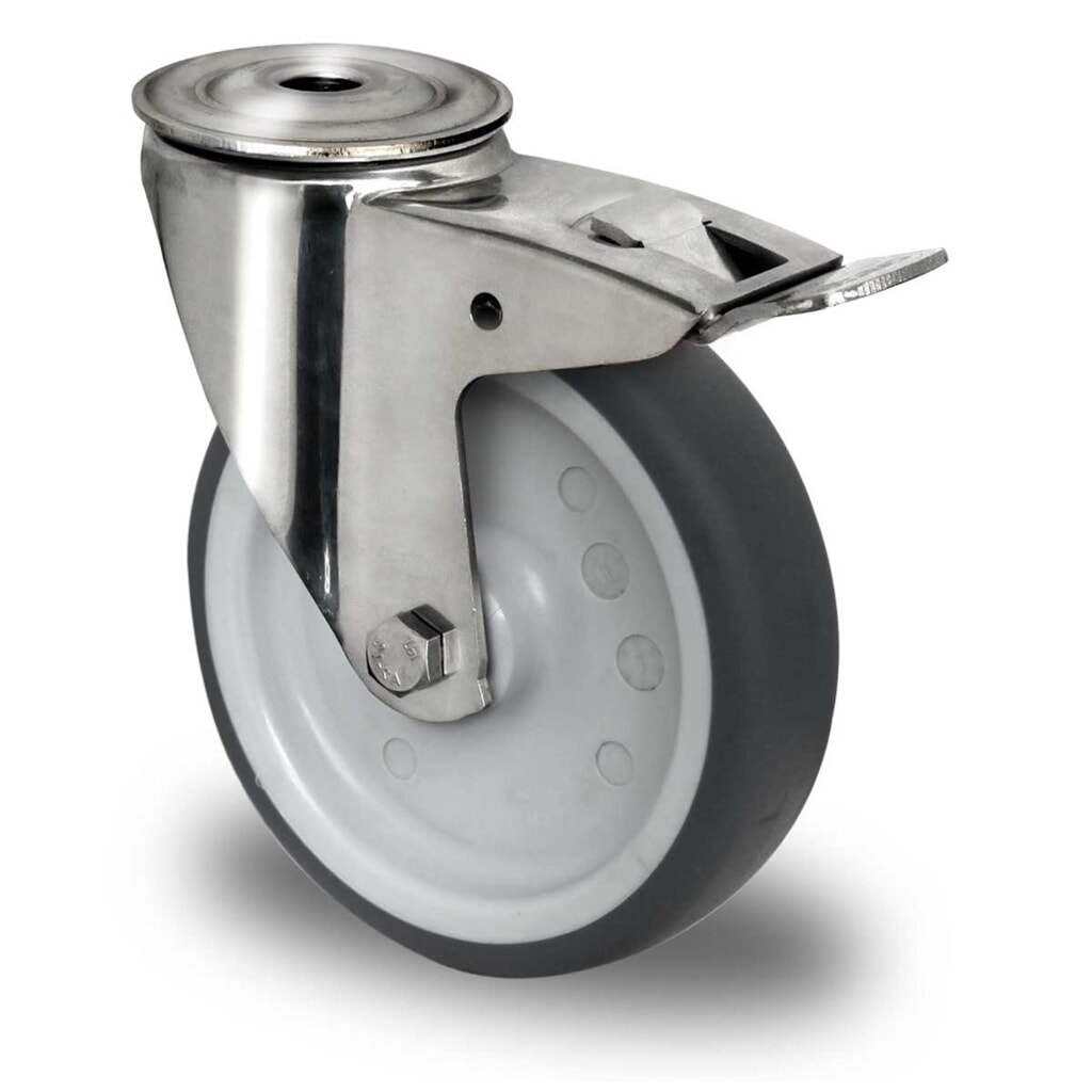 Rückenlochlenkrolle mit Totalfeststeller ø 80 mm Serie P2W2 Gleitlager Edelstahl Produktabbildung: Rückenlochlenkrolle mit Totalfeststeller ø 80 mm Serie P2W2 Gleitlager Edelstahl